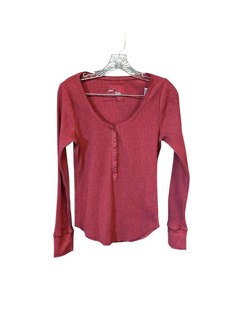 Aerie Ribbed Henley Long Sleeve Top Womenโs Large Burgundy Button Front Stretch